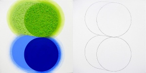OSI AUDU, Figure I_Outer and Inner Self, Green and Blue, 2012, acrylic,wool and graphite on canvas, Diptych, each panel 24x24 ins