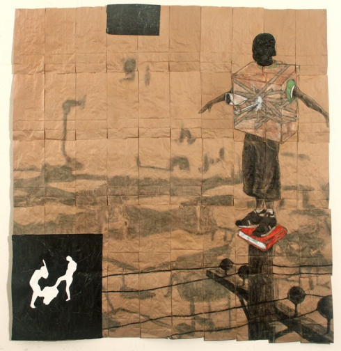 NATHANIEL DONNETT, miniscule, mini-school, i meant two schools; keep watching, 51"x53", conte, graphite, color pencil, plastic on paper bags